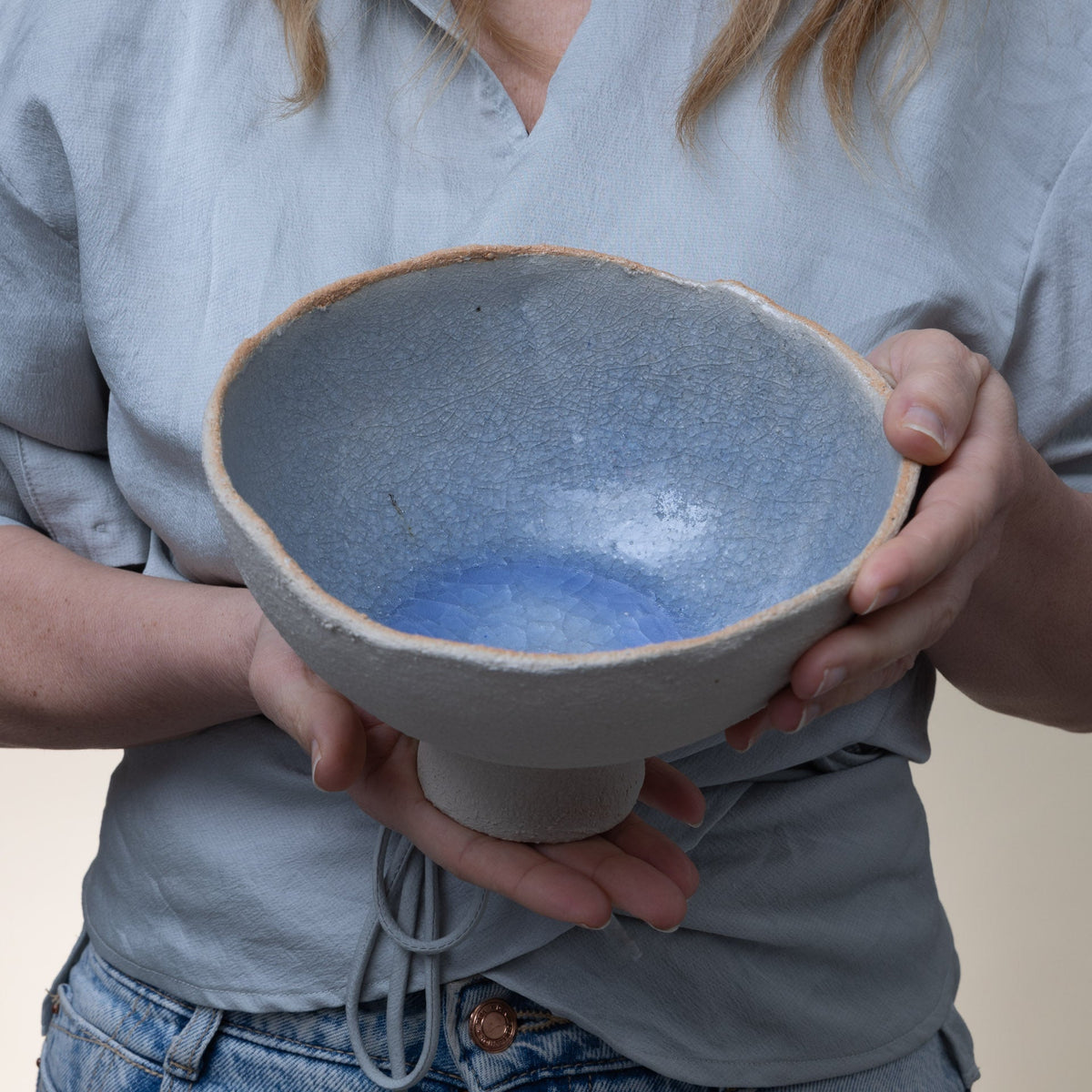 Alzata in Ceramica Artigianale – Gres Beige e Azzurro - AUTHENTICO CERAMICS